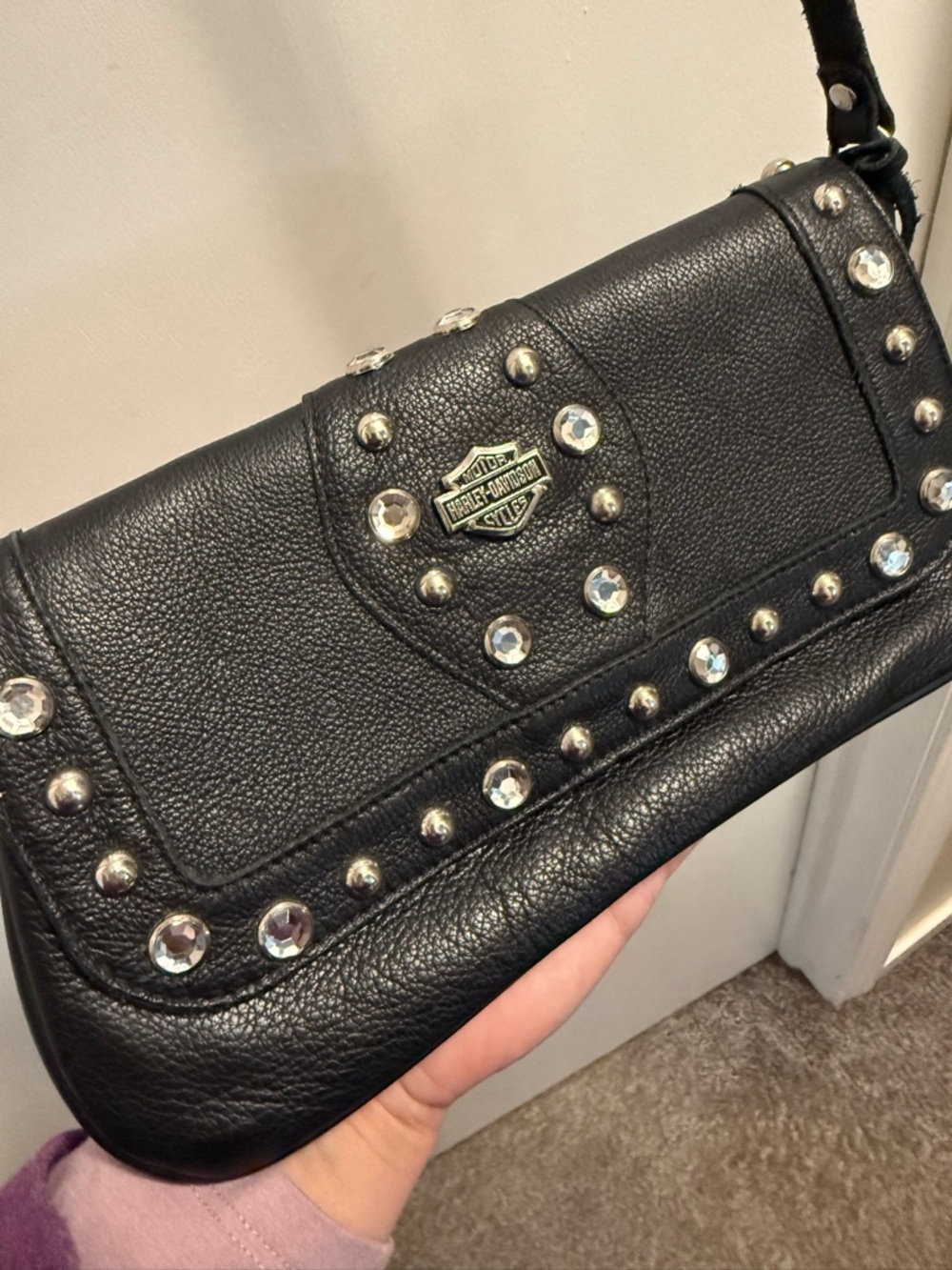 Harley-Davidson Black Leather Crystal-Stud Wristlet with long crossbody strap.
